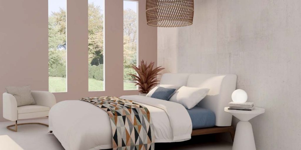 6 Colori per 6 Stili | Facile Ristrutturare Camera da letto dalle tonalità fredde e calde. letto bianco con base di legno e pareti rosa.