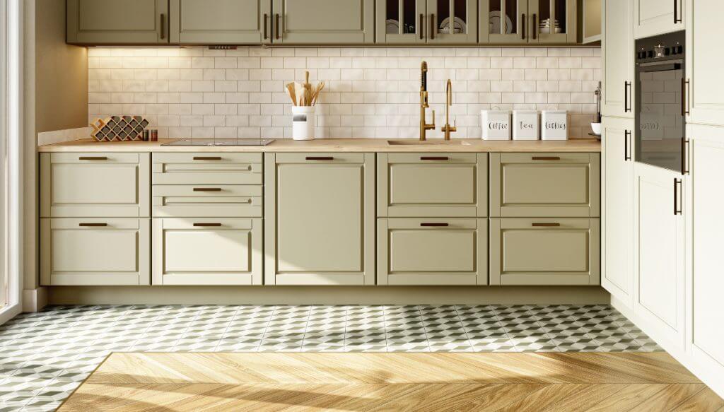 Pavimento e rivestimenti cucina: come abbinarli | Facile Ristrutturare Cucina con rivestimenti in mattoncino bianco e pavimento con forme geometriche bianche e nere.