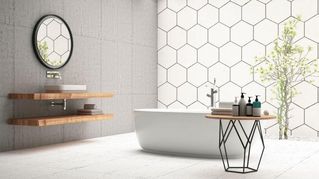 Tendenze arredamento 2022 | Facile Ristrutturare bagno moderno con vasca freestanding e mensole in legno.