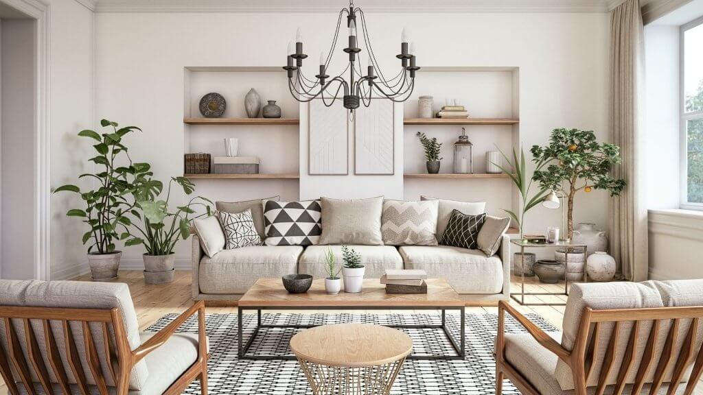 Tendenze arredamento 2022 | Facile Ristrutturare soggiorno con divano beige e libreria in legno.