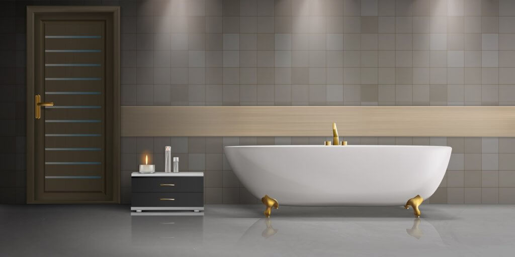 Stile cottagecore: nuova tendenza dell'interior design | Facile Ristrutturare Bagno con vasca bianca con rifiniture in oro e parete in mattonelle e pavimento lucido