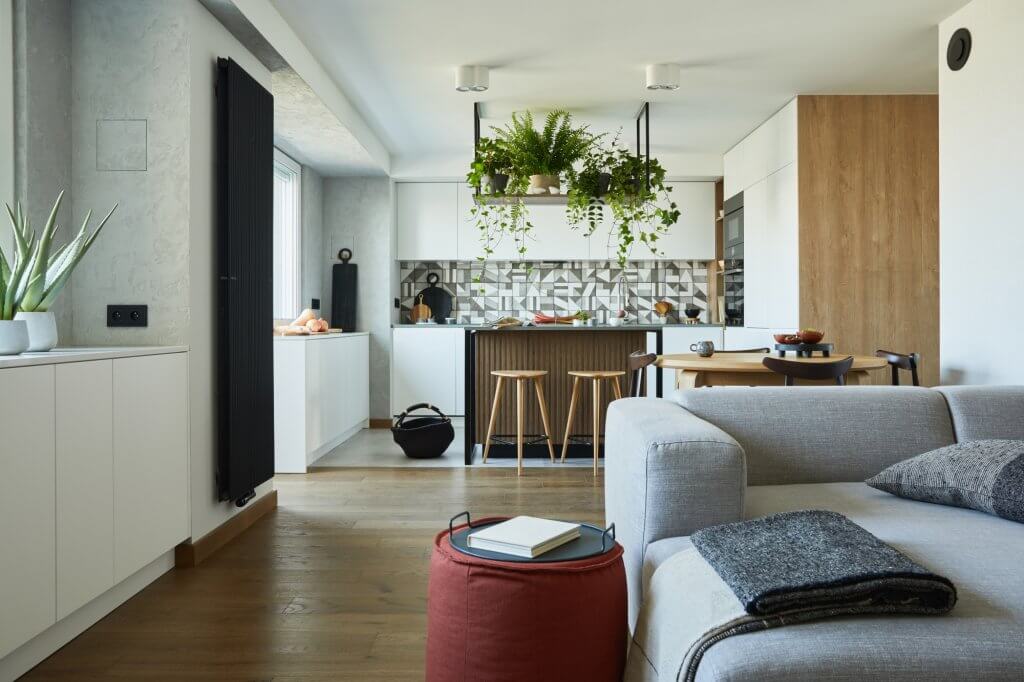 Ad ogni stanza la sua pianta! Come arredare casa con le piante da interni | Facile Ristrutturare Soggiorno open space con divano in tessuto, parquet e piante in vaso